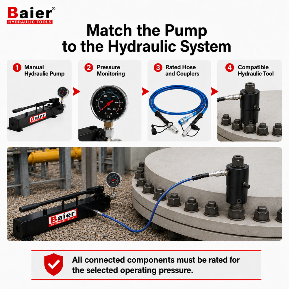 Syst&egrave;me de pompe manuelle haute pression correspondant aux coupleurs de flexibles et &agrave; l'outil hydraulique